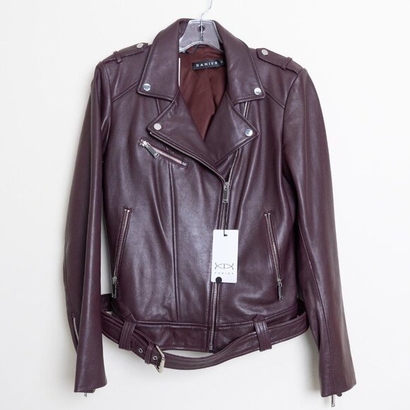 DANIER Juliette Genuine Leather Moto Jacket in Bordeaux - Picture 3 of 15